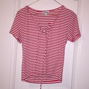 Ribbed Tie Up Top in Pink and White Stripes
